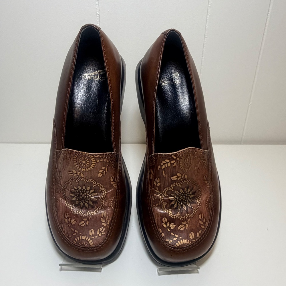 DANSKO Y2K Mandolin Brown Leather Chunky Wedge Metallic Gold Floral Loafers